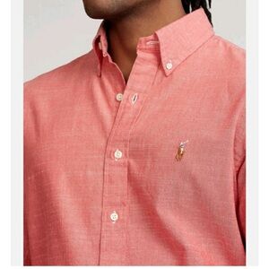 Ralph Lauren Faded Red Classic Fit Untucked Chambray Long Sleeve Cotton Shirt LG